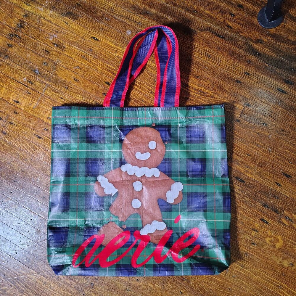 Aerie Reusable Gift Shopping Bag Holiday Gingerbread Man Blue Tartan Plaid 18x20